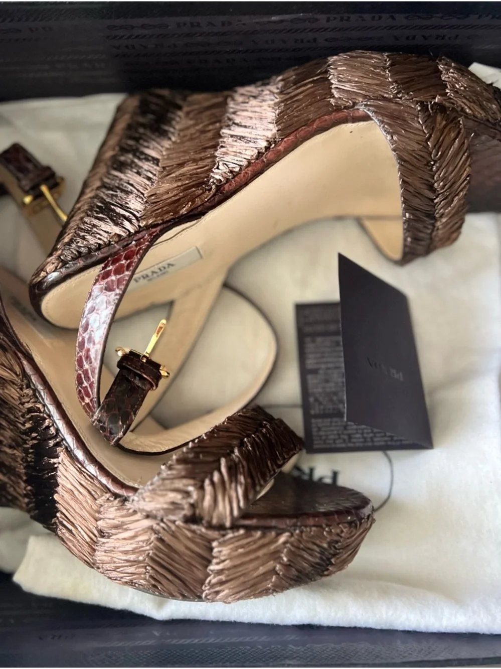 Prada Brown Woven Raffia and Leather Platform Wedge Sandals - Picture 6 of 6
